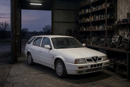 Witte Alfa Romeo 33 Sportwagon in de loods